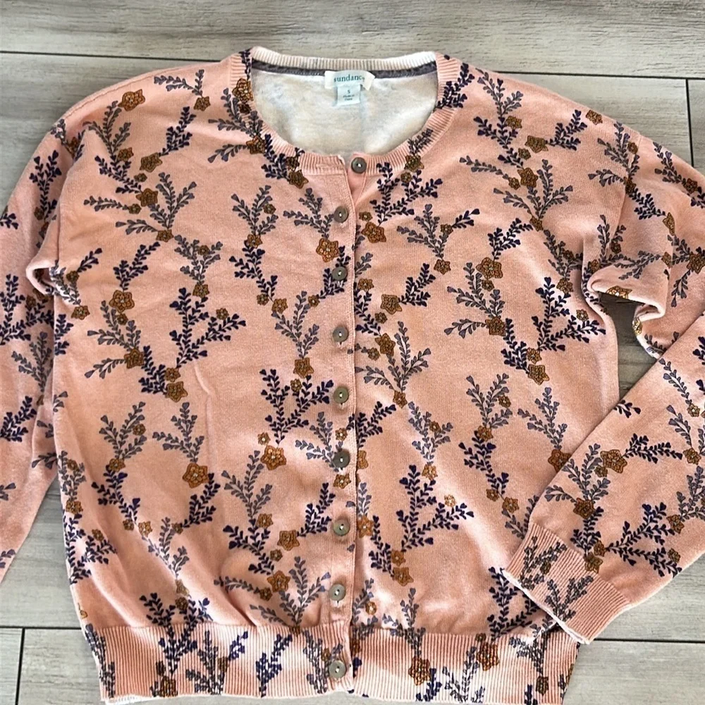 Sundance pink floral button up cardigan sweater size small